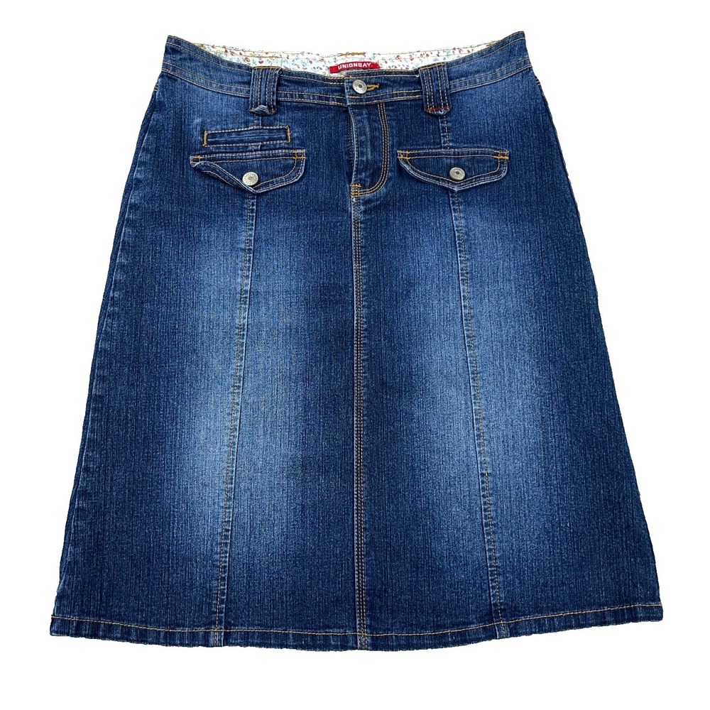 Vintage Unionbay Skirt Women 7 Denim Jean Midi Dark Wash School Girl Y2K 29" W